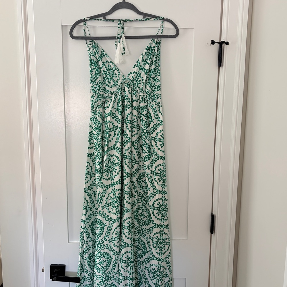 Green & White Halter Maxi Dress | Coastal Vacation Resort Dress | Size Large